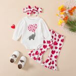 KOSUSANILL Newborn Baby Girl Valentines Day Outfit Clothes Infant Long Sleeve Romper Bodysuit Shirt Flared Pants Set (White Elephant Love Heart Printed