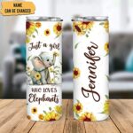 Hyturtle Personalized Elephant Skinny Tumbler Gifts – Sunflower Elephant Gifts for Girls Women -Birthday Mother’s Day Gifts – Just A Girl Who Loves Elephants Custom Name 20oz Stainless Steel Tumbler