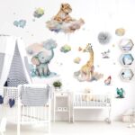 Runtoo Safari Animals Wall Decals Watercolor Giraffe Lion Elephant Wall Stickers Kids Bedroom Baby Nursery Wall Decor