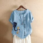Summer Women Cotton Linen T Shirt,Cuffed Short Sleeve Crewneck Plus Size Tops Funny Elephant Girls Graphic Button Down Blouse Blue