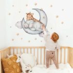 Cute Sleeping Baby Elephant Giraffe Wall Stickers, sacinora Moon and Stars Cartoon DIY Wall Decals Removable Vinyl Peel and Stick for Kids Baby Nursery Bedroom Toddler Room Art Decorations