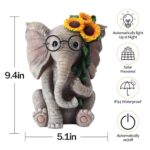 Pohabery Outdoor Sculpture Statue Elephant Decor,Solar Garden Elephant with 2 LED Flowers Lights for Patio,Lucky Elephant Birthday Gifts for Women,Housewarming Decor