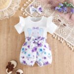 Tiny Cutey Baby Girl Clothes Infant Summer Outfits Set Ruffle Sleeve Romper and Floral Shorts with Headband (Purple elephant,3-6 Months)