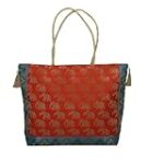 GULAAL ART Orange & Gold Color Silk Brocade Boho Bag With Tassel Design For Women Gift Bag Animal Elephant & Paisley Print Shopping Bag 16×13 In