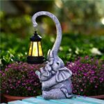 Pohabery Elephant Outdoor Statues with Cute Baby Garden Decor, Resin Elephant Figurines with Solar Lantern Outdoor Decoration Gifts for Mothers Day, Birthday Day