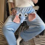 Cartoon Elephant Shorts Cute Animal Pants Big Nose and Ears Unisex Soft Elephant Homewear Sleepwear for Women Men Leisure (Blue Long,110-165lbs)