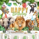 SVBright Jungle Safari Birthday Backdrop 7Wx5H Rainforest Tropical Wild Animal Elephant Tiger Leopard Monkey Cute Cool for Boys Kids Decorations Photography Background Banner Photo Booth Studio
