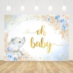AIBIIN 7x5ft Boho Elephant Baby Shower Backdrop for Boy Blue Oh Baby Photography Background Floral Elephant Gold Gliter Baby Shower Party Decorations Banner Cake Table Photo Studio Props
