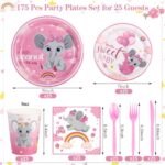 175 Pcs Baby Girl Shower Plates, Girls Elephant Baby Shower Decorations Include Girls Baby Shower Plates Napkins Cups Plastic Forks Spoons Knives, Baby Girls Shower Decorations for 25 Guests