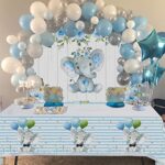 Blue Watercolor Elephant Baby Shower Party Supplies,Elephant Flowers Party Backdrop Tablecloth 2pcs,Covers for Boy Girl Gender Reveal Birthday Party Decorations (Blue, 6x4FT)