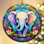 Sportyzen 2024 Christmas Ornament – Elephant in Stained Glass Window Ceramic Ornament, Elephant Christmas Decoration for Lovers, Family, Friends