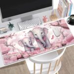 Large Gaming Mouse Pad Non-Slip Keyboard Pad Soft Extended Desk Mat Desktop Writing Pad (31.5″×11.8″) Combined with Coasters, Home and Office Desktop Decor, Elephants Under Cherry Blossoms