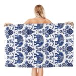VODRM Blue Elephant Beach Towel, 32x52in Microfiber Quick Dry Asian Floral Flower Boho Bath Towels, Soft Lightweight Oversized Sand Free, for Travel Pool Swimming Gym Bohemian Indian Decor, Gifts