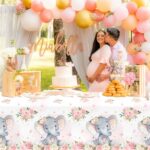 Juweked 3Pcs Pink Elephant Baby Shower Tablecloth for Girl Baby Shower Table Cloths Rectangle Gender Reveal Decor, 70.8″ x 42.5″