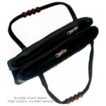 Embroidered Elephant Shoulder Handbag, Double Zipper, Wooden Bead Handle, Black with Gold Design, 11.8 x 7.9 inches