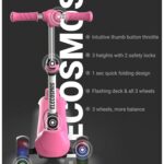 ELECOSMOS Electric Scooter for Kids Ages 6-8, 3 Wide PU Wheels with LED, Long Battery Life, 3 Wheel Folding Kick Scooter for Kids Ages 6-12, 4-6, Girls, Toddlers, Pink