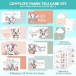 Decorably 24 Pack 6x4in Elephant Thank You Cards with Envelopes and Stickers, 8 Adorable Designs Baby Shower Thank You Cards Elephant, Blank Inside – Baby Shower, Kid’s Party, Birthday