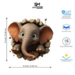 3D Elephant Wall Decal – 9×9 Inch Cartoon Vinyl Sticker with Green Eyes and Breaking Wall Effect, Decorative Animal Art