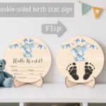 Double-Sided Wooden Newborn Birth Sign, Blue Elephant Baby Announcement Sign, Elephant Hello World Name Sign for Hospital, Gift for New Mom Baby Shower, Photography Prop