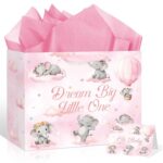 Baby Shower Elephant Gift Bags for Baby Girl Pink Floral Elephant Gift Bags Wrapping Paper Greeting Card Adorable Dream Big Little One Girl Elephants Birthday Bag for Baby Shower Newborn Girl Kids Gender Reveal Party Decorations Supplies