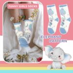 Queenshin Boys Girls Socks 5-8 Years Old Elephants Print Patterned Crew Funny Kids Cute Cartoon Animal Novelty Crazy Sock 6 Pairs Unique Birthday Gift
