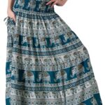 Long Skirts for Women Tiered Maxi Boho Skirt Hippie Clothes Bohemian Print with Pocket (Small, Medium, Hippie Elephant Green)