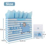 16.5” Extra Large Baby Boy Gift Bag Set with Handles, Greeting Card, Blue Tissue Papers and Stickers for Boys Kids for Baby Shower, Kids Birthday Party, Newborn, New Moms or Parents, 3D elephant Design, 1 Pcs