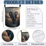 African Elephant Laundry Basket Hamper 19.7″x15.8″, Animal Foldable Waterproof Oxford Clothes Storage Bucket for Room Bathroom Bedroom Nursery Decor, Toy Organizer Bins Gifts for Kids Boys Girls