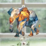 Elephant Ornament Stained Glass Style Acrylic – Window Hanging Suncatcher, Elephant Gifts for Women, Wildlife Animal Decor, Rearview Mirror Ornament, Holiday Christmas Tree Decorations(Sun-27)