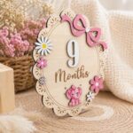 Baby Girl Monthly Milestone Signs, Large 8 Inch Wooden Milestone Disc with Interchangeable Numbers 1-12 Months, Double Sided Pink Elephant Bow Floral Newborn Photo Props