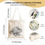 Cartoon Elephant Canvas Tote Bag, Elephant Gifts for Women Men Girl Teen Sister Birthday Christmas Reusable Canvas Tote with Inner Pocket Shoulder Bag for Beach Grocery Shopping Travel Weekend Work