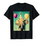 Elephant Animal Zoo Birthday Party Apparel Unisex-Kids Elephant Retro Art Print Birthday Party Balloons & Party Hat T-Shirt Black Cartoon Modern Round Collar Classic Fit Short Sleeve T-Shirt Small