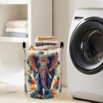 Ornate Elephant with Colorful Flowers Laundry Basket with Handles, 19.7″x15.7″ Clothes Foldable Laundry Hamper Organizer for Dorm Nursery Bedroom Bathroom Decor, Toy Storage Bin for Kids